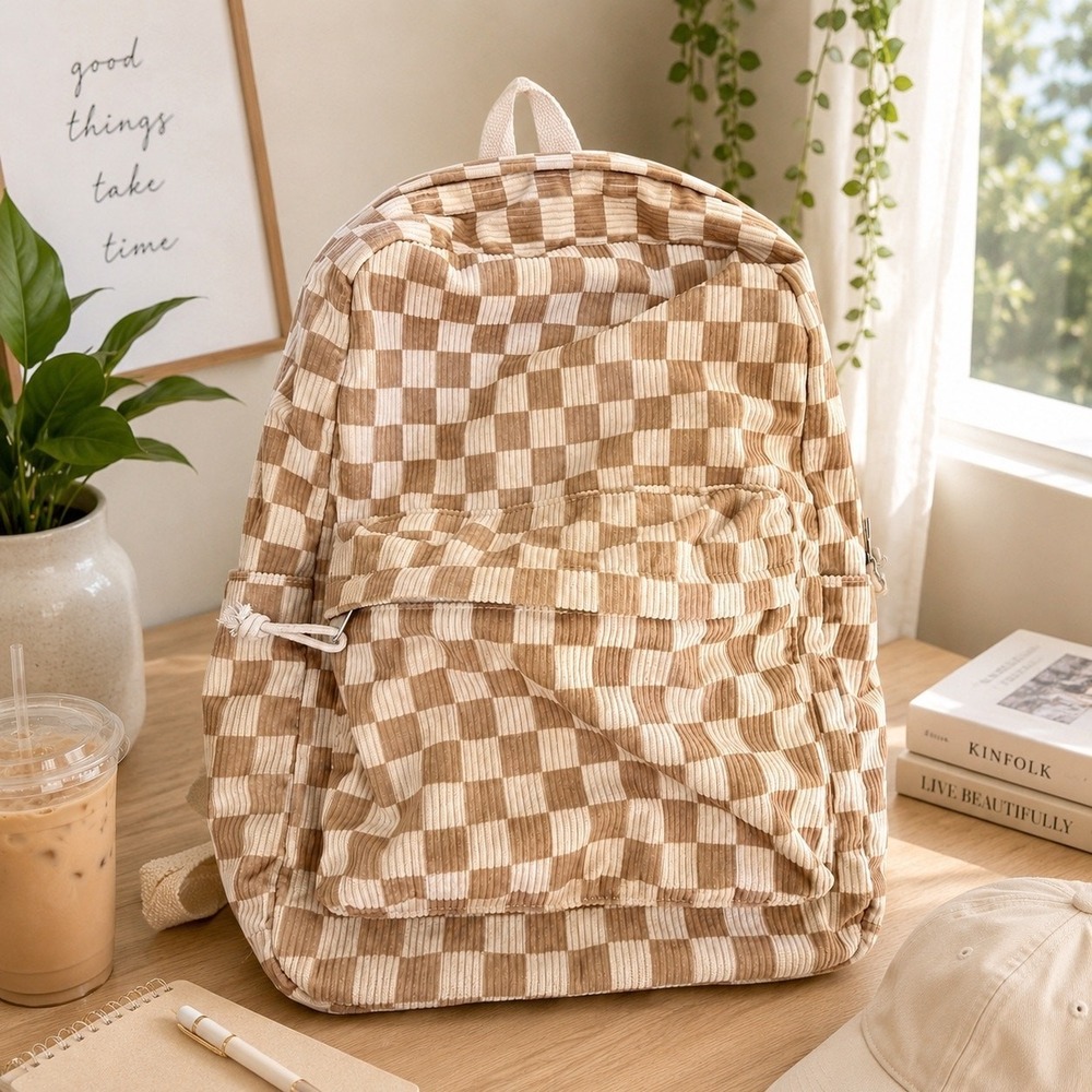 Corduroy Checkered Backpack and pencil Pouch Beige Cream School Travel Casual
